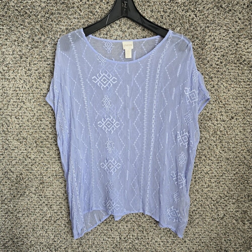 Chicos Top Womens‎ 0 US Small Blue Sheer Embroidered Chiffon Blouse Ladies
